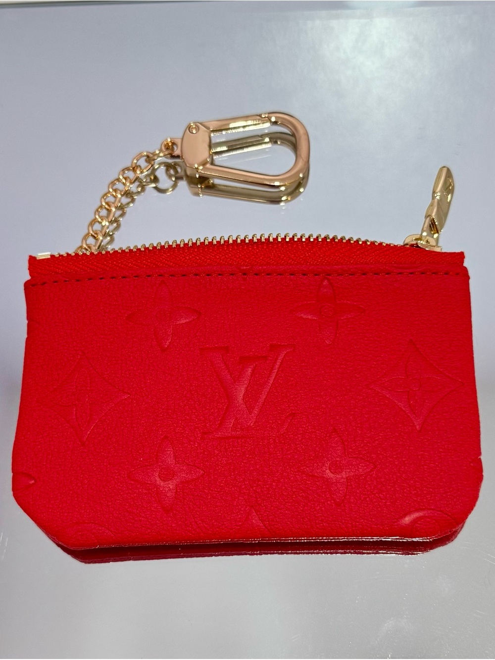 New Red Embossed Monogram Key Pouch with Gold Hardware - Picture 4 of 4